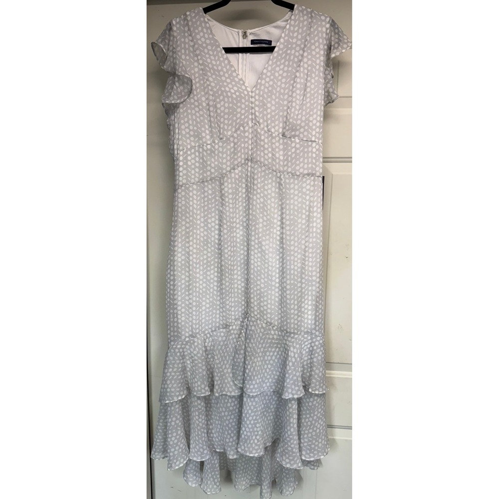 Tommy Hilfiger Women Grey White Polka Dot Flutter Sleeve Midi Dress 12 0509